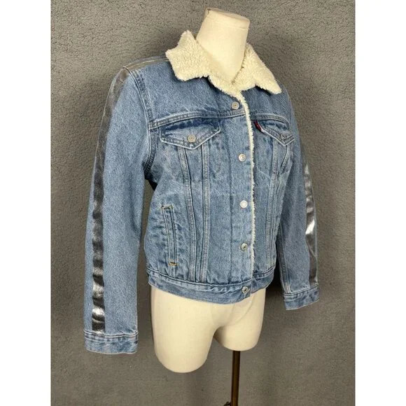 Levis Women's Denim Shine Theory Sherpa Jacket Size Extra Small Blue NWT's - Picture 3 of 8